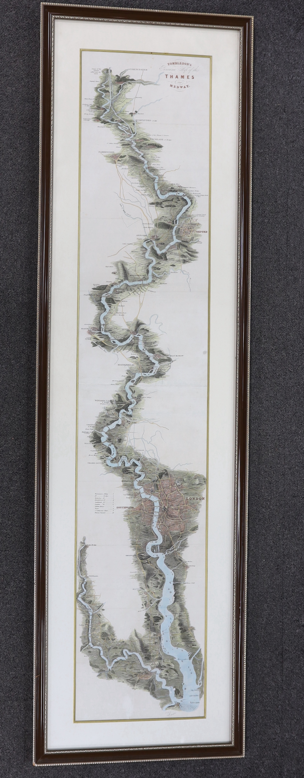 Tombleson's Thames, hand coloured engraved panoramic map of the Thames and Medway, 127 x 24cm